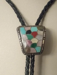 Vintage Chaloo Zuni Sterling & Inlay Bolo. 1 5/8" X 1 1/2" - Picture 1 of 7