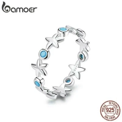 BAMOER Elegant 925 Sterling Silver Ocean Blue CZ, Starfish Stackable Ring - Image 1 of 4