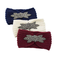 Women Crystal Leaf Beaded Knitted Headband Bow Crochet Head Wrap Wide Hairband