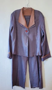 Maralyce Ferree Blue Beige Linen Modernist Blazer & Pants Jacket Artsy Sz L/XL - Picture 1 of 13