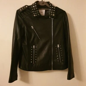 Womens Leather Jacket Size 12 14 Real Biker Large Studded Soft 100% Genuine - Picture 1 of 17
