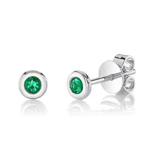 14K White Gold Emerald Stud Earrings Bezel Set Natural Gemstone 0.08 CT - Picture 1 of 4