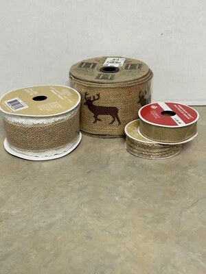 Wired Burlap Ribbon Lot Of 4 Deer Rustic Farmhouse Primitive Cabin Design NEW - Image 1 of 4