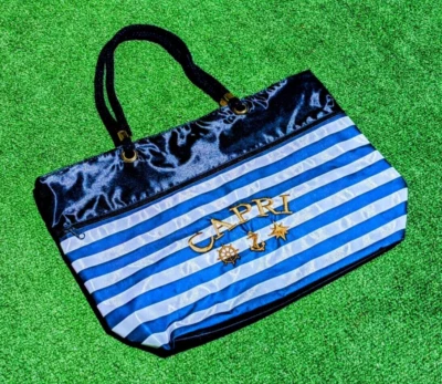 Сумка с короткими ручками женская Capri большая 19 дюймов с символикой парусного спорта Italia синяя/белая в полоску на молнии б/у в отличном состоянии - Изображение 1 из 4