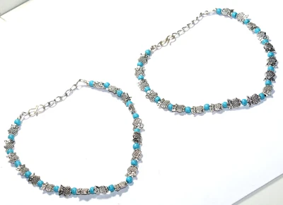 Tobillera nepalí hecha a mano con piedras preciosas tibetanas Larimar tamaño 11-12 pulgadas Foto 1 de 3