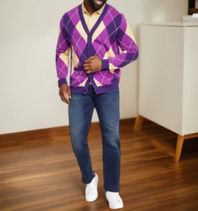 Club Room Herren Regular Fit V-Kragen Argyle Strickjacke Lila Größe L Neu mit Etikett - Bild 1 von 2