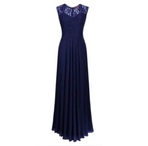 Navy Blue Lace Bodice Pleated Skirt Women's Floral Evening Dress Size Medium - Picture 1 of 6
