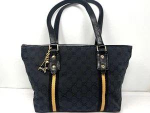 GUCCI Gucci GG Monogram Canvas Tote Bag Sherry Line Black w/Yellow Stripe Charm - Picture 1 of 17