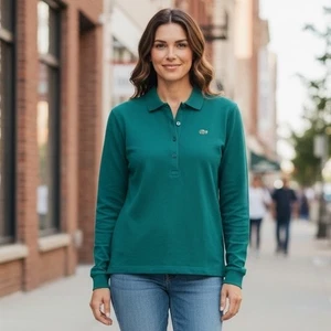 Camisa polo de mujer Lacoste manga larga verde con logotipo de cocodrilo talla 46 - Imagen 1 de 6