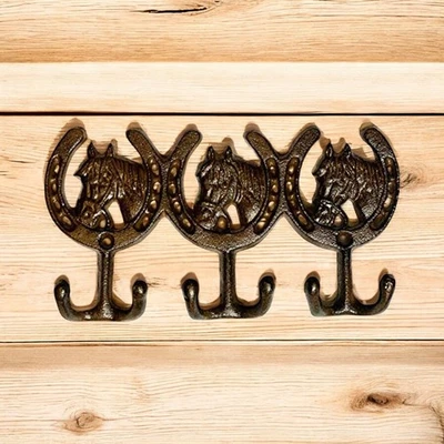Equestrian Cast Iron Horse Head 3 Hook - Rustic Western Wall Rack - Image 1 of 4
