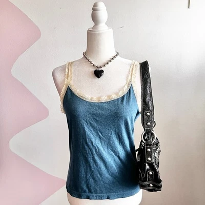 Nine & CO Weekend Blue Lace Trim Tank Sz M Y2K Cottagecore Boho Romantic Casual - Image 1 of 4