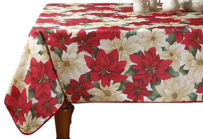 European Holiday Christmas Poinsettia Floral Design Printed Tablecloth - Beig... - Image 1 of 3