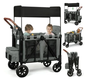 Wagon Stroller for 2 Kids, 3-In-1 Wagon Stroller with Canopy, Adjustable Handleb - Picture 1 of 8