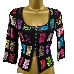 Reino Unido 8-10 Karen Millen 1 Negro Multi Lentejuelas Crochet Jersey Cárdigan Bolero Top - Imagen 1 de 8