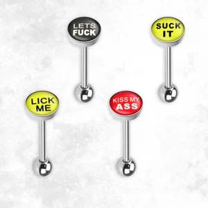 4Pk Tongue Rings Barbell Dirty Words Surgical Steel 14G Piercing jewelry - Picture 1 of 13
