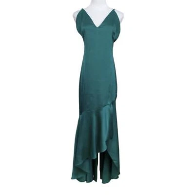 MARCIANO GREEN SATIN SLEEVELESS RUFFLE HIGH LOW EVENING FORMAL GOWN DRESS - 2 - Image 1 of 4