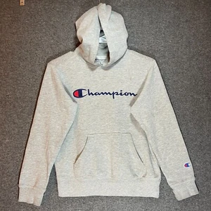 CHAMPION Sweater Boys Medium Gray Blue Spell Out Embroidered Logo Hoodie Youth. - Picture 1 of 12