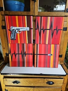 Original Art Painting Signed Handgun Heartbeat 4 Panel 12x12 - Picture 1 of 12