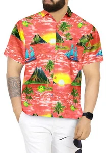 LA LEELA Men's Hawaiian Short Sleeve Button Down Shirts XL Beach Sunset, Red - Picture 1 of 3