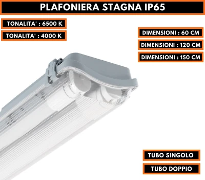 PLAFONIERA STAGNA LED COMPLETA DI NEON TUBO T8  60-120-150 CM 220V SOFFITTO IP65 - Immagine 1 di 4