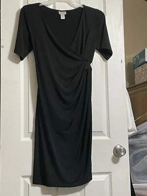 Motherhood Maternity Black Short Sleeve Faux Wrap Dress Size Medium Stretch - Image 1 of 4