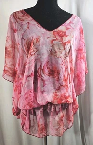 Übergröße Poncho Style Top/Tunika, rot/rosa, Rosenprint, Gummizug an der Hüfte, 1X-2X - Bild 1 von 1