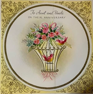 Vintage Hallmark Embossed Anniversary Card UNUSED Honeycomb Pink Birds Birdcage - Picture 1 of 4