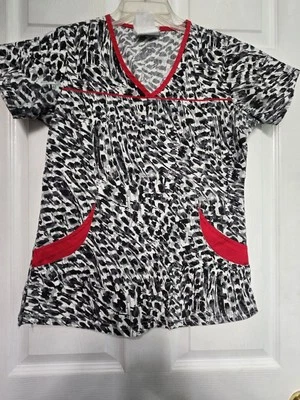UA Scrubs Scrub Top Size S-Black/Grey w/RED trim V-Neck-Chest 20"/L 24.5" - Image 1 of 4