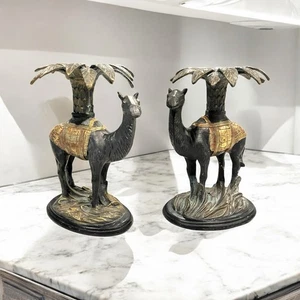 Vintage Brass Bronze Camel Palm Tree Candlestick Holders Set 2 Exotic Boho Decor - Picture 1 of 9