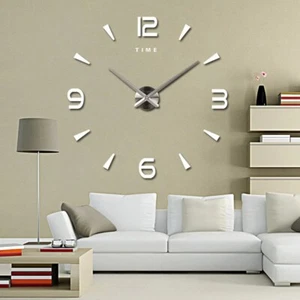 Silver Large Number Wall Clock Quartz 3D Home Kitchen Living Room Décor New - Picture 1 of 14