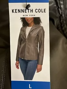 NEW Kenneth Cole Women Faux Leather Stand Up Collar Zip Coat Jacket Grey L $225 - Picture 1 of 3