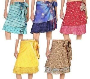 Vintage Silk Sari Magic Wrap Around Skirts Beach Wear Reversible Warp Skirt 22"