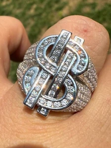 Dollar Sign $ Money Ring Pinky Hip Hop Iced Bust Down Real 925 Silver All Sizes - Picture 1 of 24