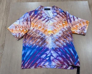 $890 Mens AMIRI Tie Dye SS Silk Button Up Bowling Shirt Purple/Multi Small - Picture 1 of 6