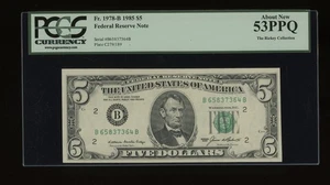 DBR 1985 $5 FRN New York Fr. 1978-B PCGS 53 PPQ Serial B65837364B - Picture 1 of 2