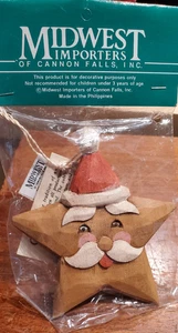 Vintage Midwest of Cannon Falls Ornament  Wood Santa Face Star 4" - Picture 1 of 2