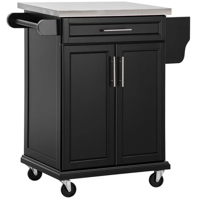 ROLLING KITCHEN CART DRAWER TOWEL RAIL STEEL TOP LOCKABLE WHEELS BLACK - Image 1 of 4