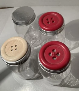 Lot 4 Plastic Empty Jar 3 With Button Decorate Lid  Pint Sized Crafts Organizing - Picture 1 of 5