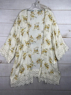 Cárdigan Kimono Floral Mason & Belle Talla XXL Crema Boho Encaje Ribete Plumero Rayón Foto 1 de 4