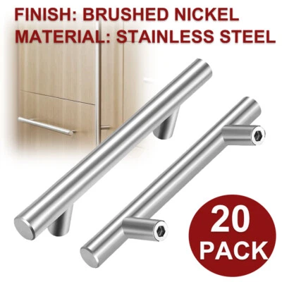 Paquete de 20 tiradores de gabinete de cocina de níquel cepillado cajón de acero inoxidable manijas de barra en T Foto 1 de 4
