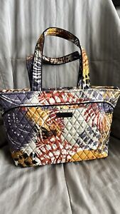 Vera Bradley Yellow Painted Feathers Tote Bag Zip Closure Cotton Quilted