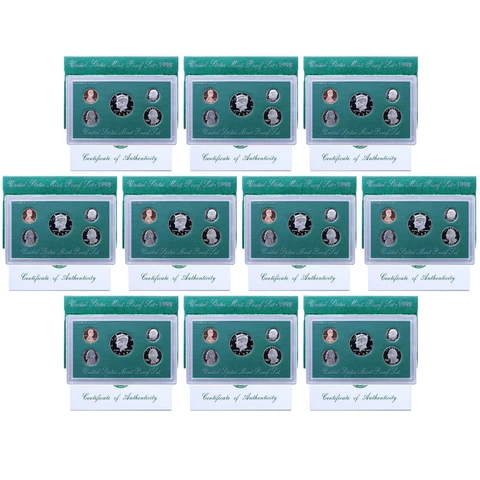1998 S Proof Set 10 Pack Nice Original Boxes & COAs US Mint 50 Coin Lot Cover