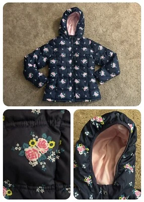 Teen Girls Winter Jacket W/Hood Fleece Lined Navy Blue Pink Floral 14/16  - Image 1 of 4