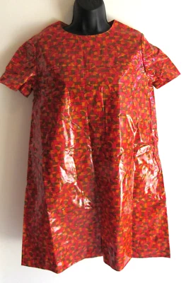 Vtg Plastic Vinyl Oil Cloth Women Dress 1960 Handmade Mod Geometric Print - Image 1 of 4