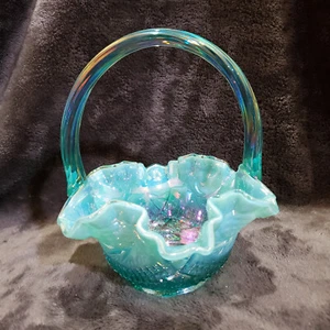 Fenton Optic Blue Green Opalescent 7” Glass Basket With Ruffled Edge - Picture 1 of 9