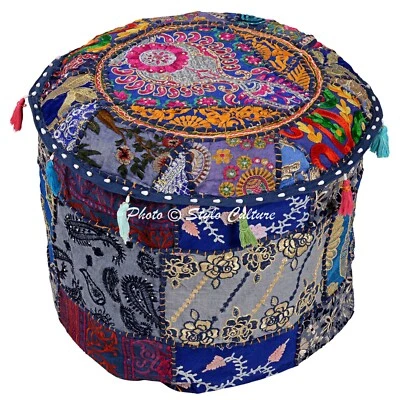 New 18 in Vintage Handmade Patchwork Pouf Cover Ottomans Stool Boho Meditation - Image 1 of 4
