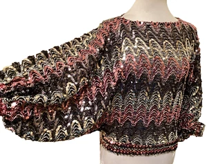 MISS H VINTAGE SEQUIN STRETCH BATWING SPARKLE TOP PINK SILVER BLACK SZ M - Picture 1 of 10