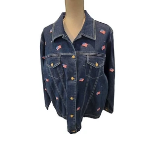 Vintage 90s Quacker Factory Navy Blue Denim Jacket USA Flag L American Patriotic - Picture 1 of 9