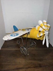 Prop Plane Metal Yellow White Blue ~ 14”L x 16”W x 11”H - Picture 1 of 6