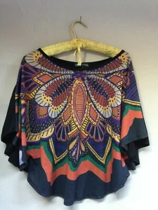 Living Doll Women Medium Boat Neck Colorful Print Loose Poncho Top Blouse Casual - Picture 1 of 7